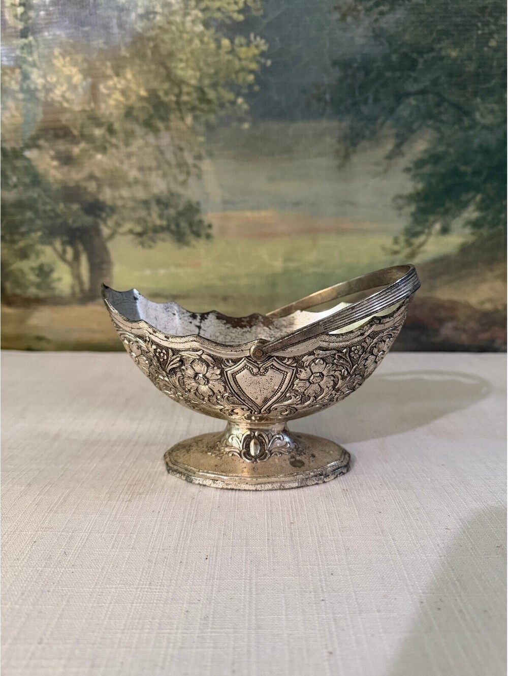 Silver Plate Pedestal Bowl with Heart and Floral Pattern
